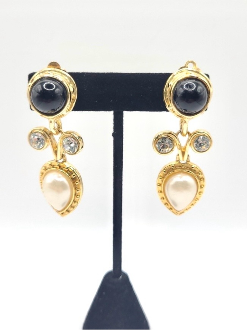 Vintage Gold Black Onyx Pearl Dangle Clip On Earrings Statement